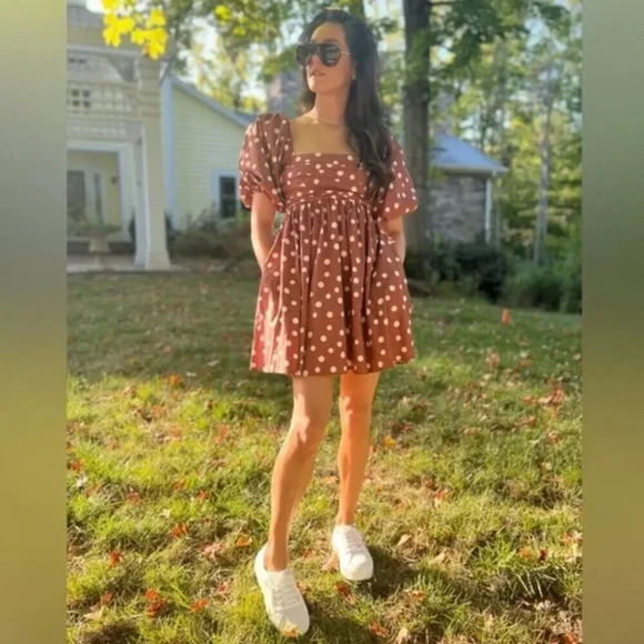 Abercrombie & Fitch Emerson Ruched Puff Sleeve Polka Dot Babydoll Mini Dress NWT - Picture 3 of 14